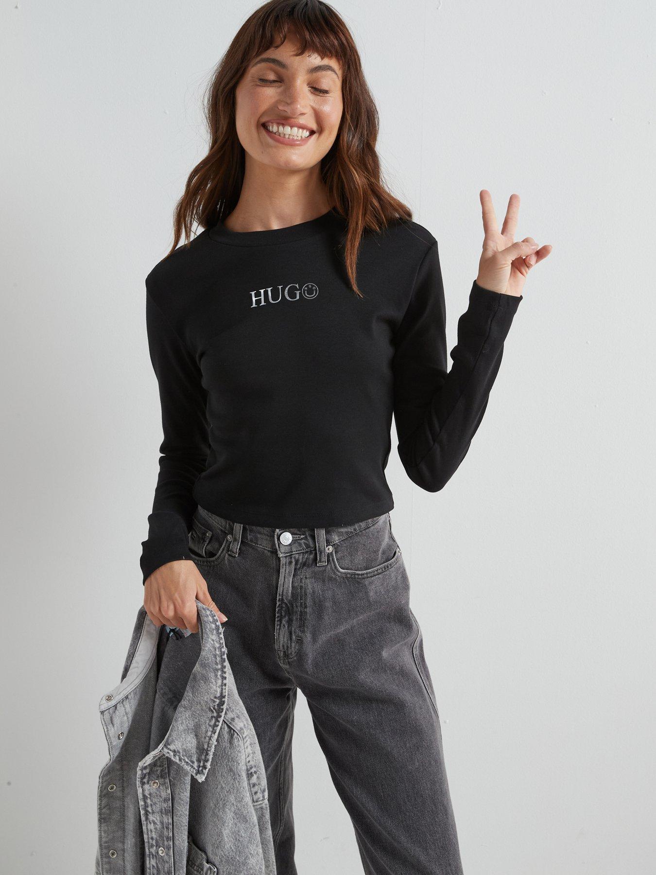 Image of HUGO Della Long Sleeve Logo Top - Black