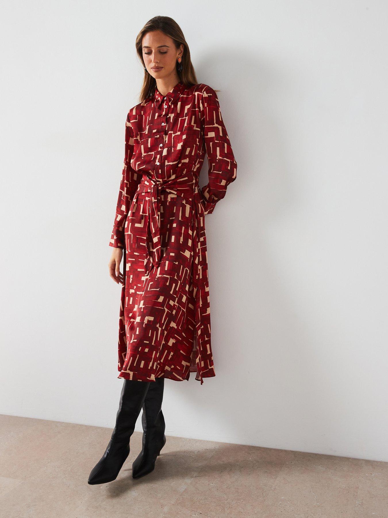 mango-geometric-print-midi-shirt-dress-red