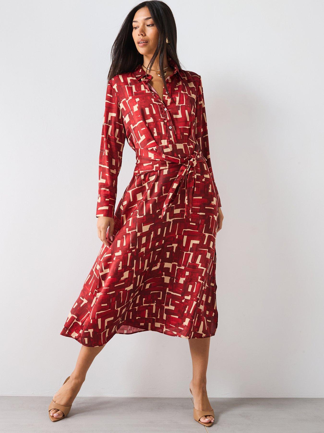 undefined Geometric-Print Midi Shirt Dress - Red