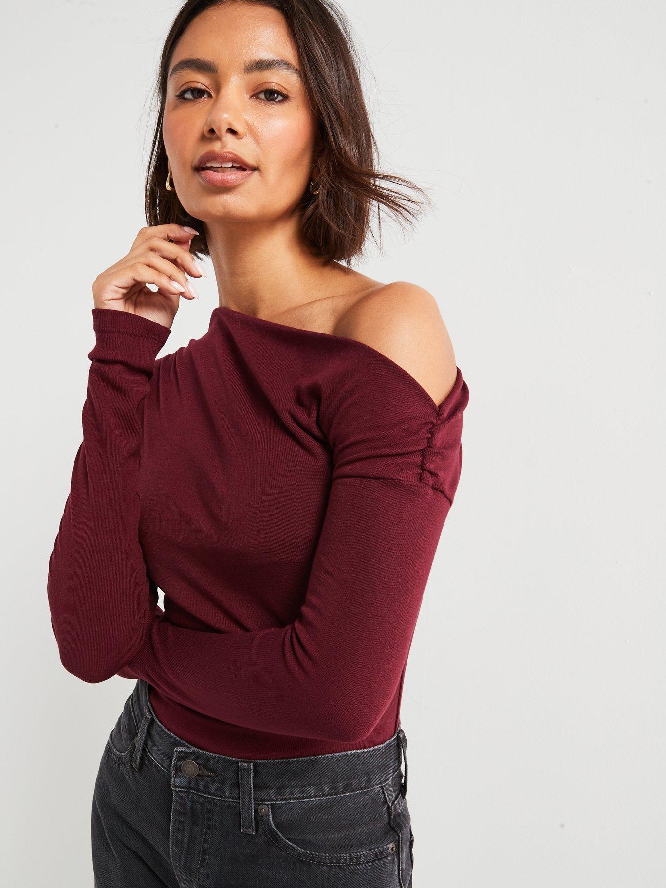 mango-burgundy-draped-asymmetrical-topoutfit