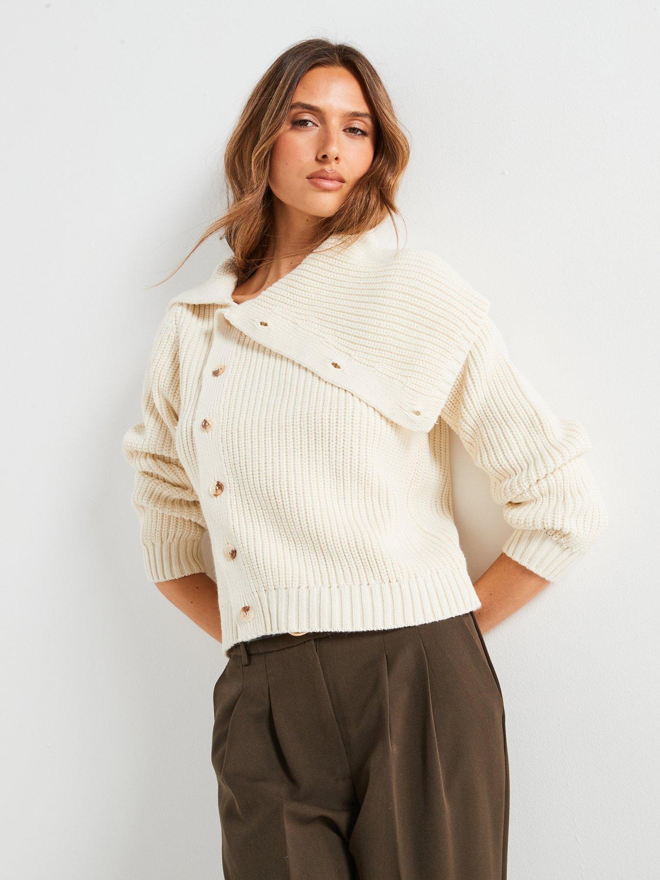 Image 1 of 6 of Mango Funnel-Neck Buttoned Sweater - Cream