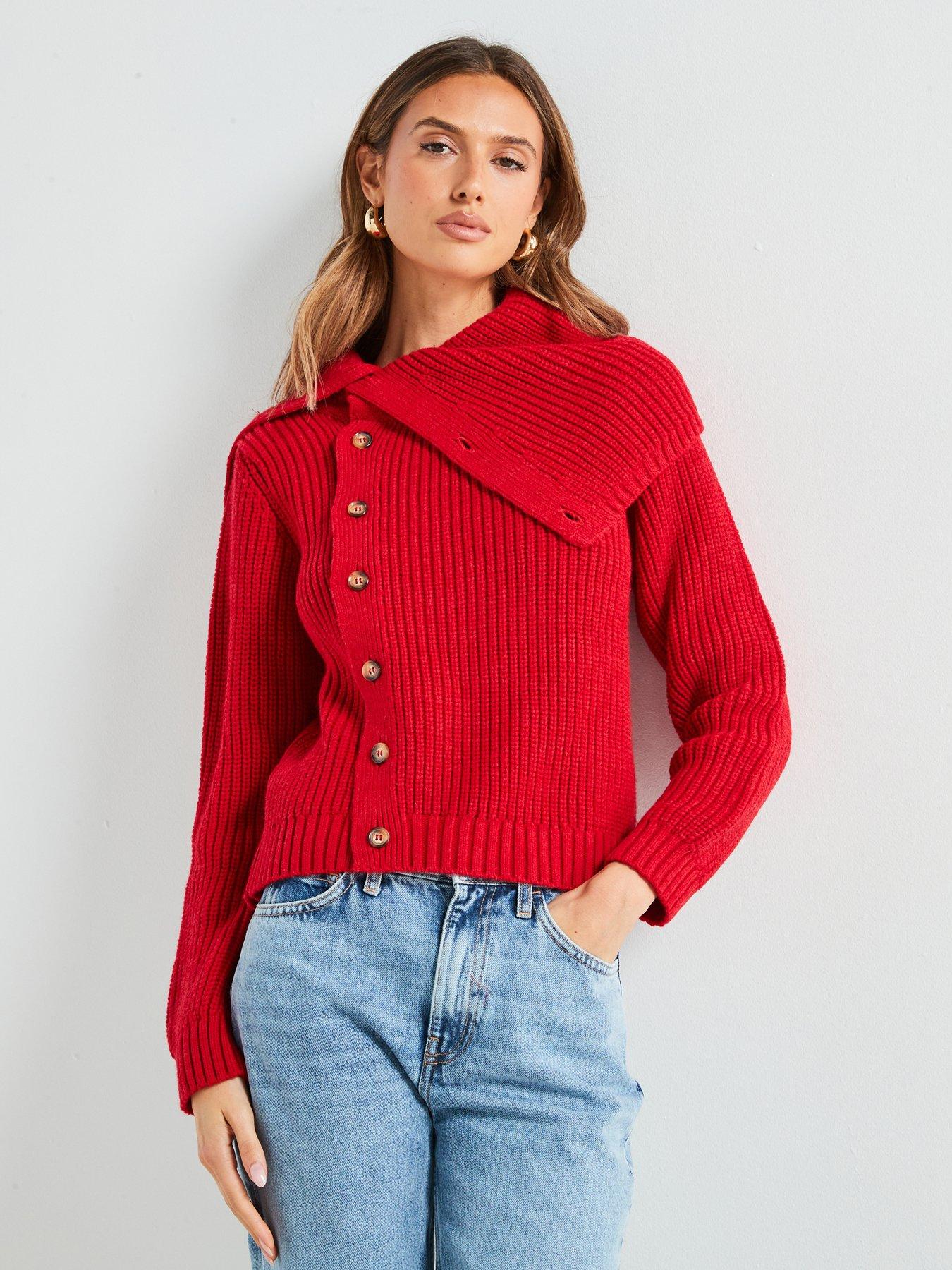 undefined Funnel-Neck Buttoned Sweater - Red