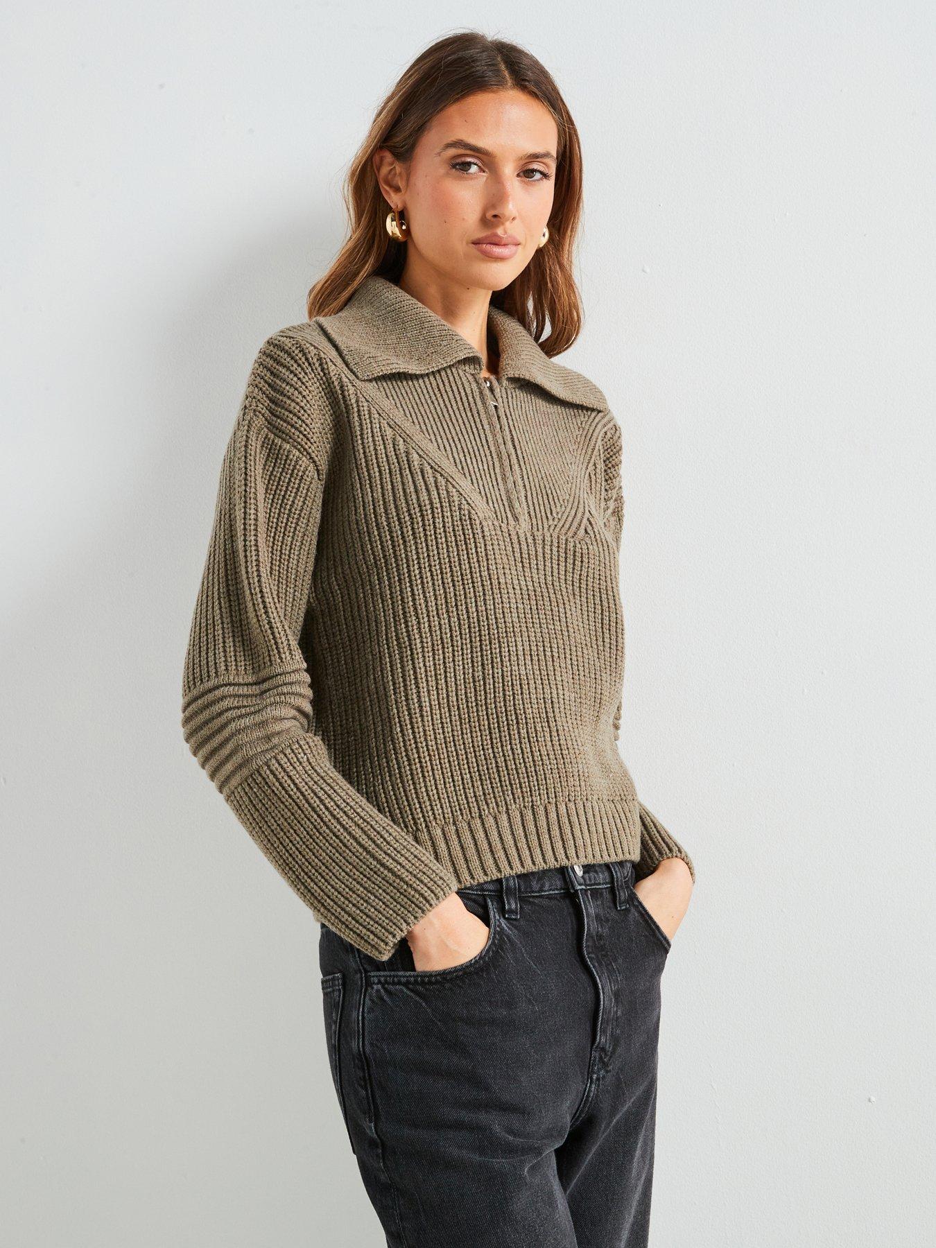 mango-ribbed-sweater-with-zip-collar-greenfront