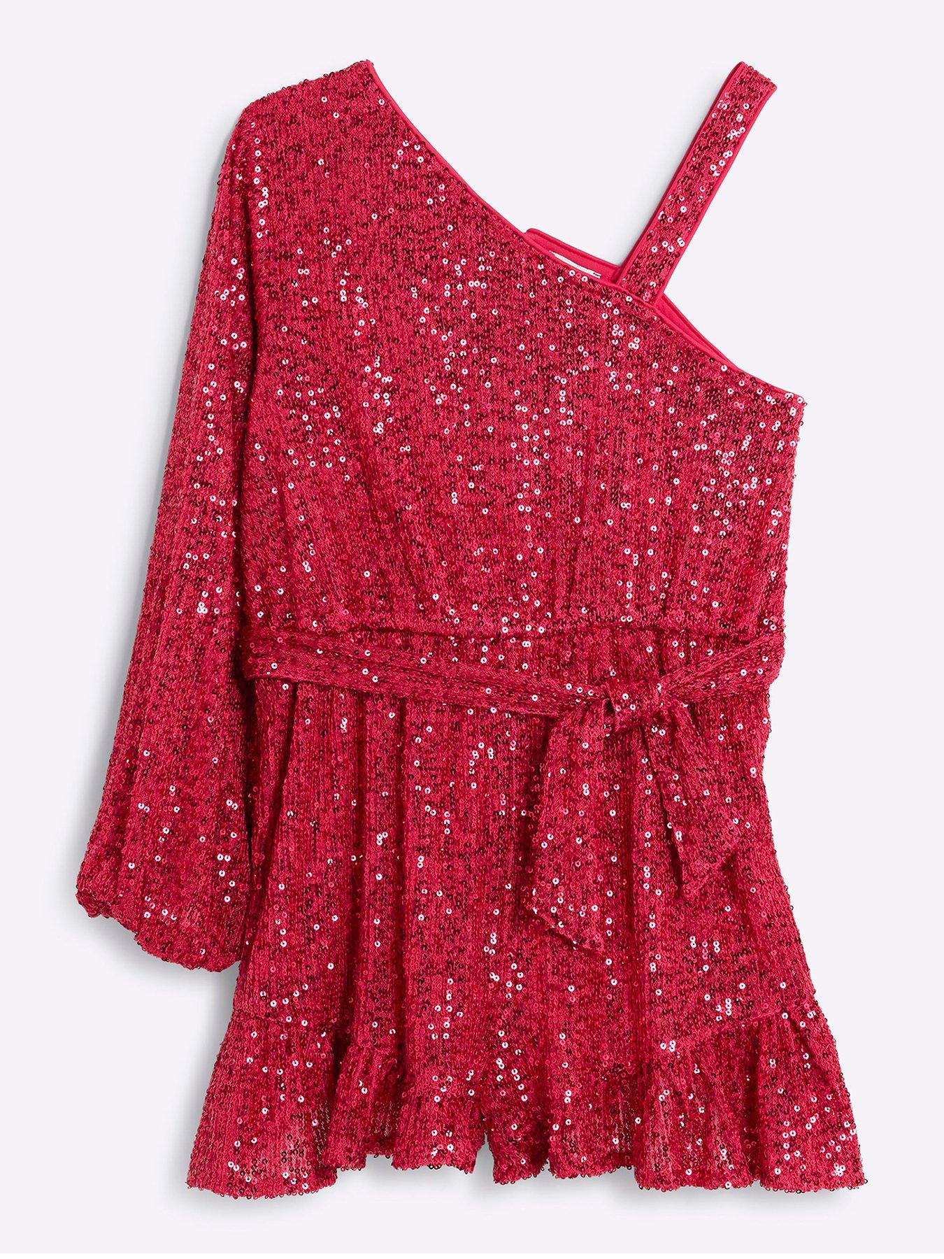 Image 1 of 4 of River Island Girls Sequin One Shoulder Playsuit - Pink