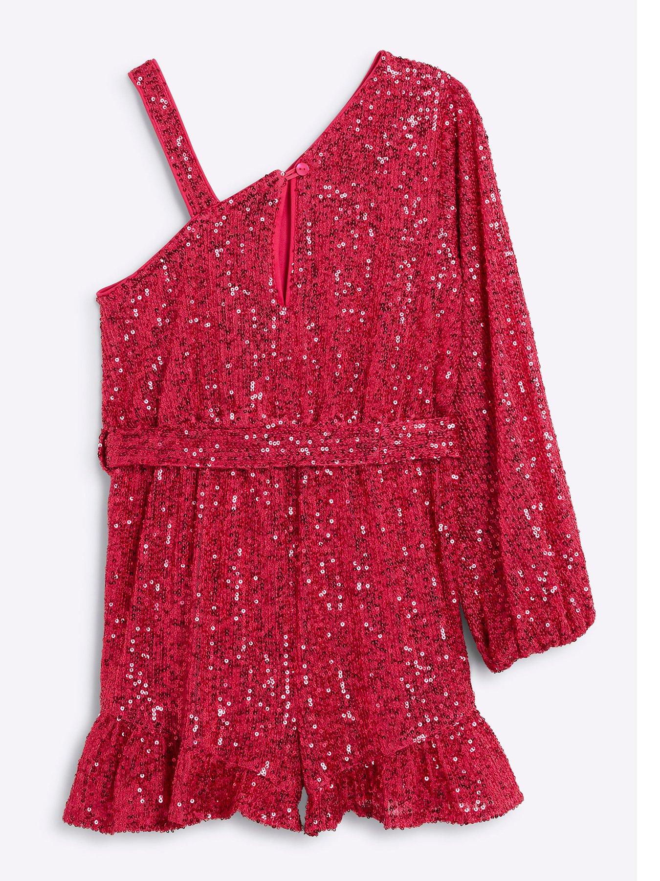 Image 2 of 4 of River Island Girls Sequin One Shoulder Playsuit - Pink