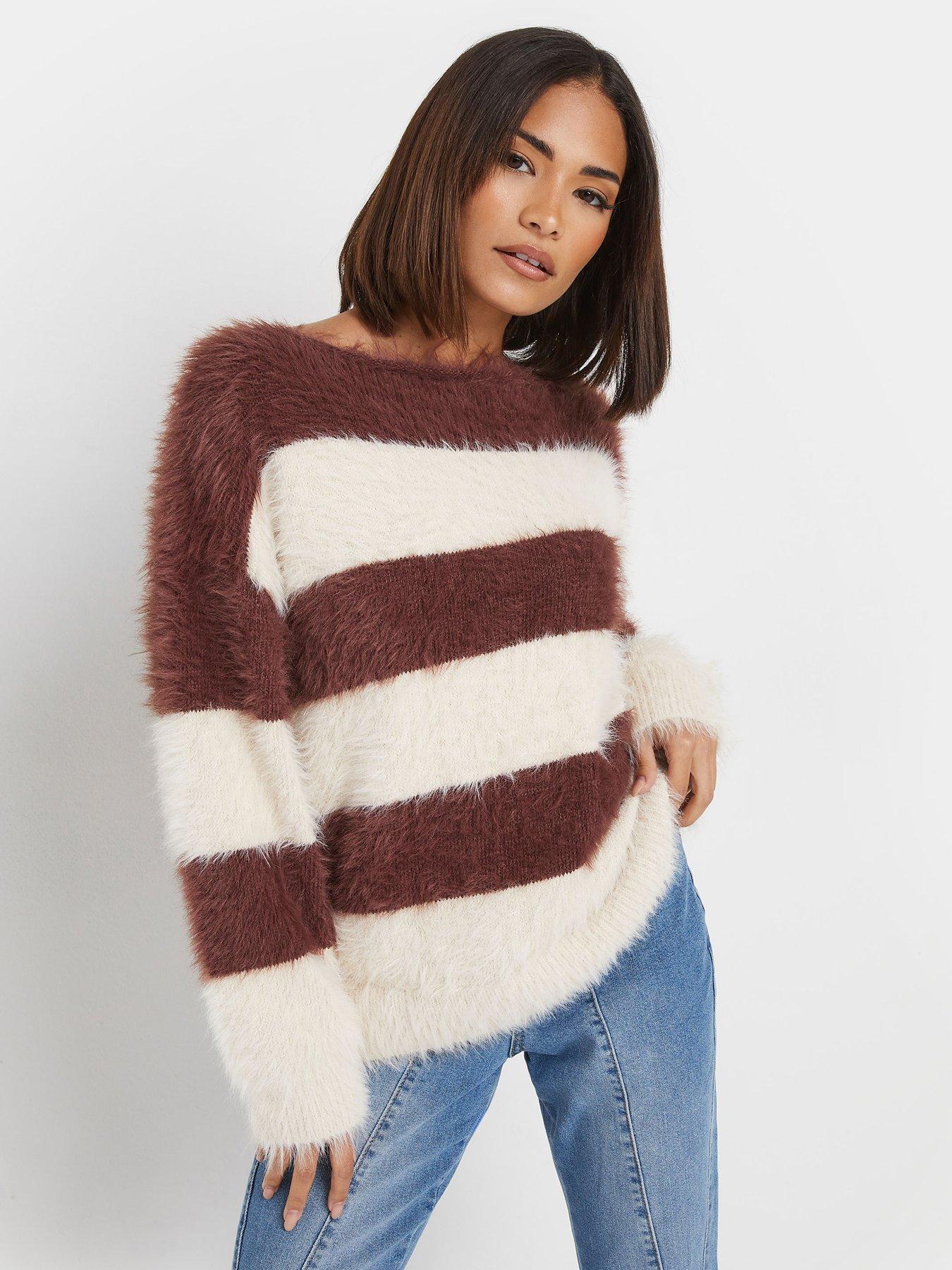 pixiegirl-petite-stripe-feather-slash-neck-jumper-brown