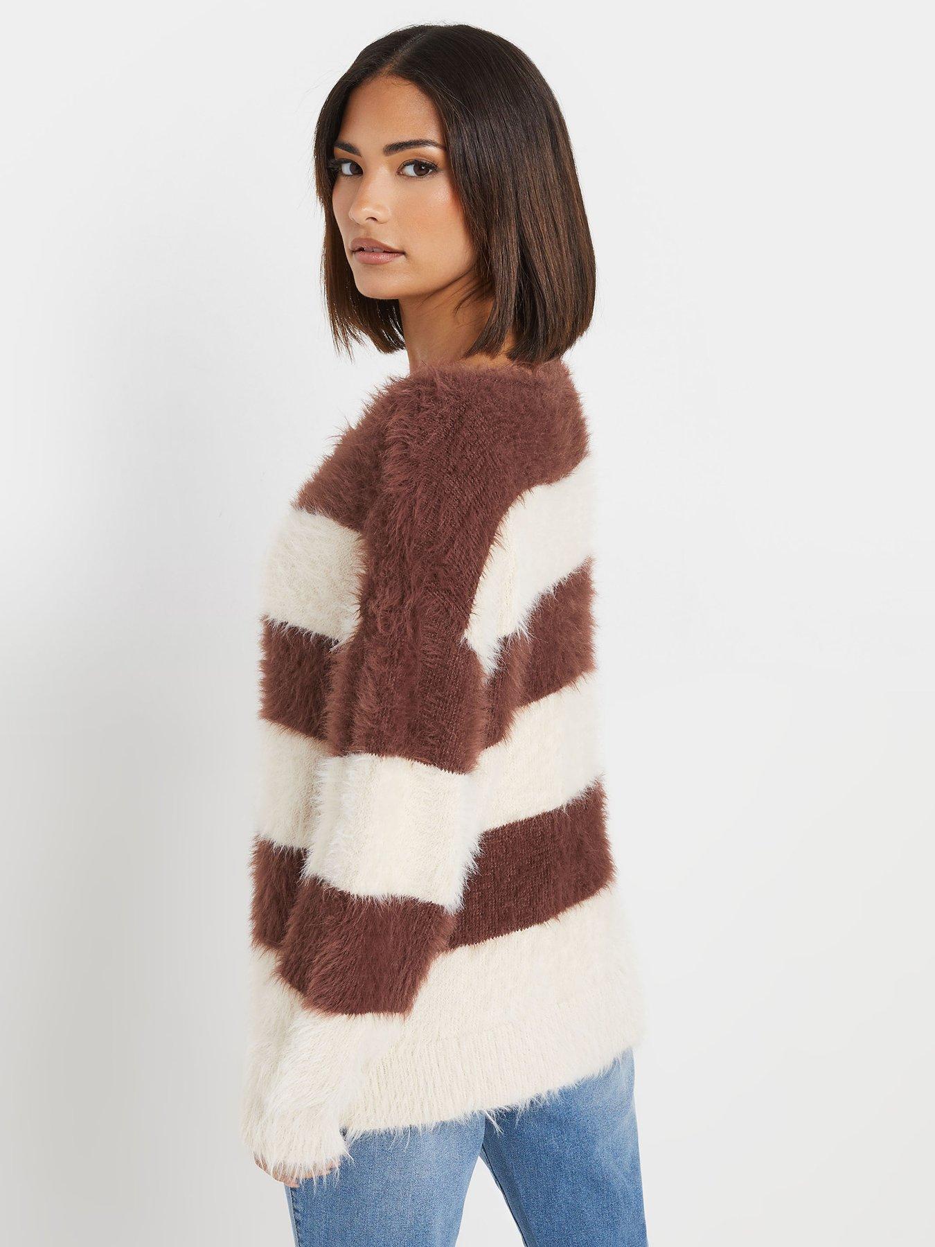 pixiegirl-petite-stripe-feather-slash-neck-jumper-brownstillFront