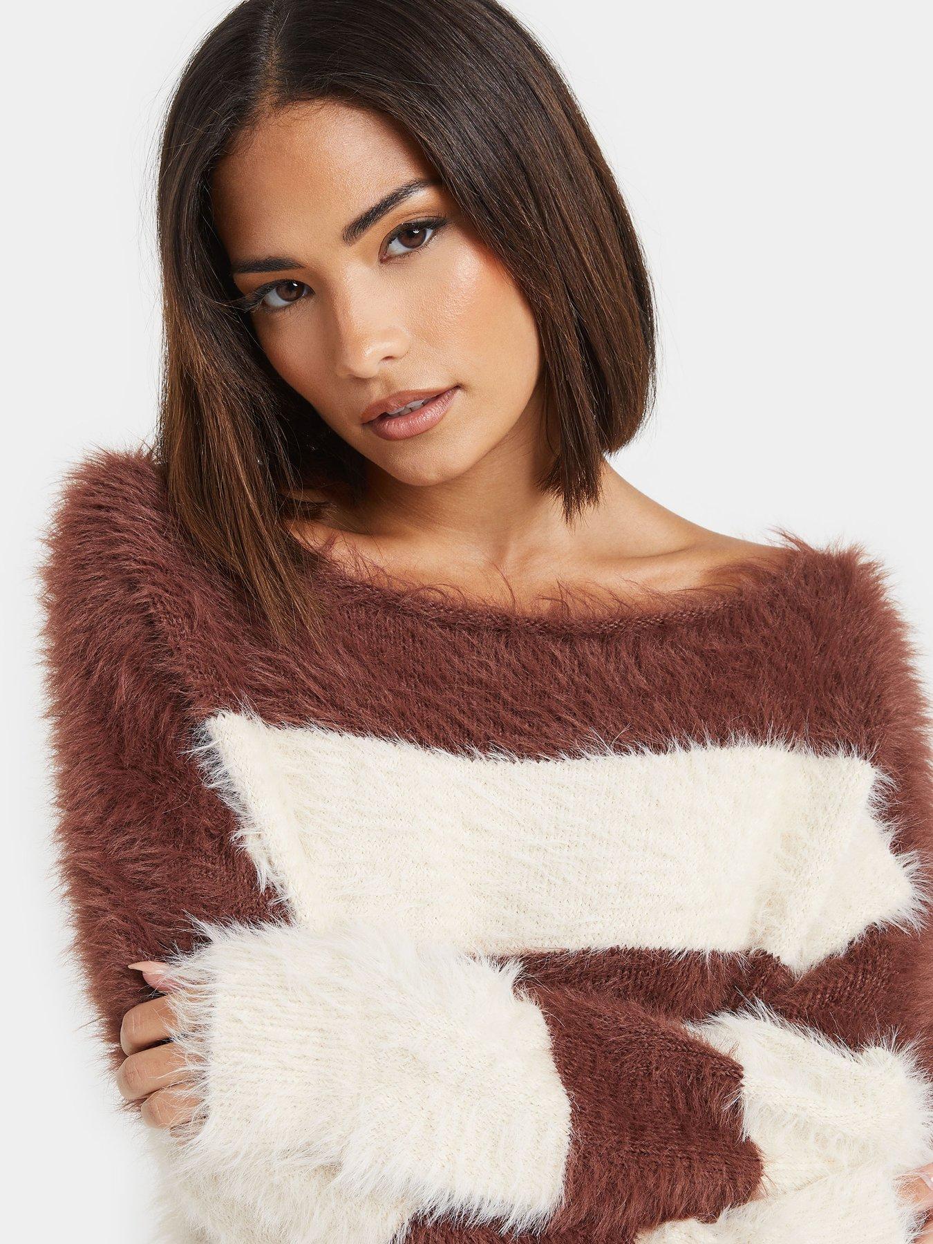 pixiegirl-petite-stripe-feather-slash-neck-jumper-brownoutfit