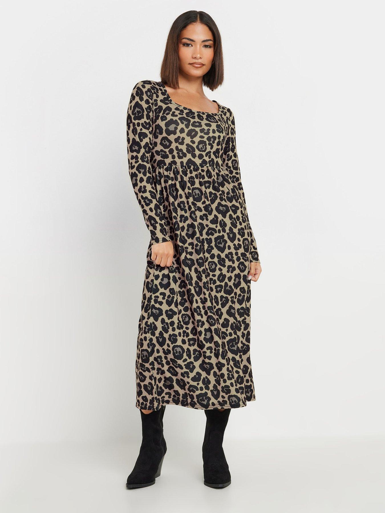 pixiegirl-petite-long-sleeve-animal-midi-dress-brown