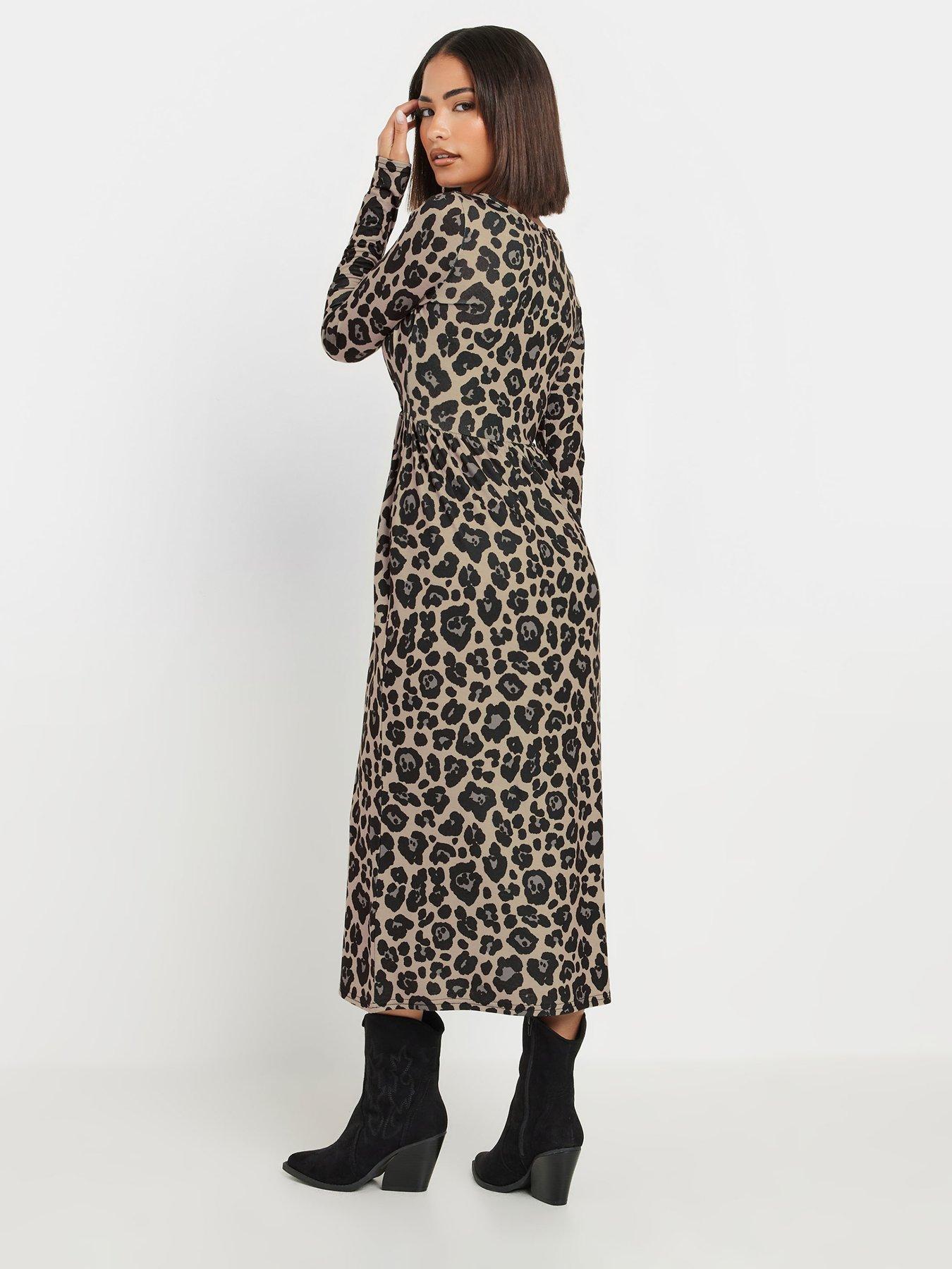 Image 2 of 4 of PixieGirl Petite Long Sleeve Animal Midi Dress - Brown