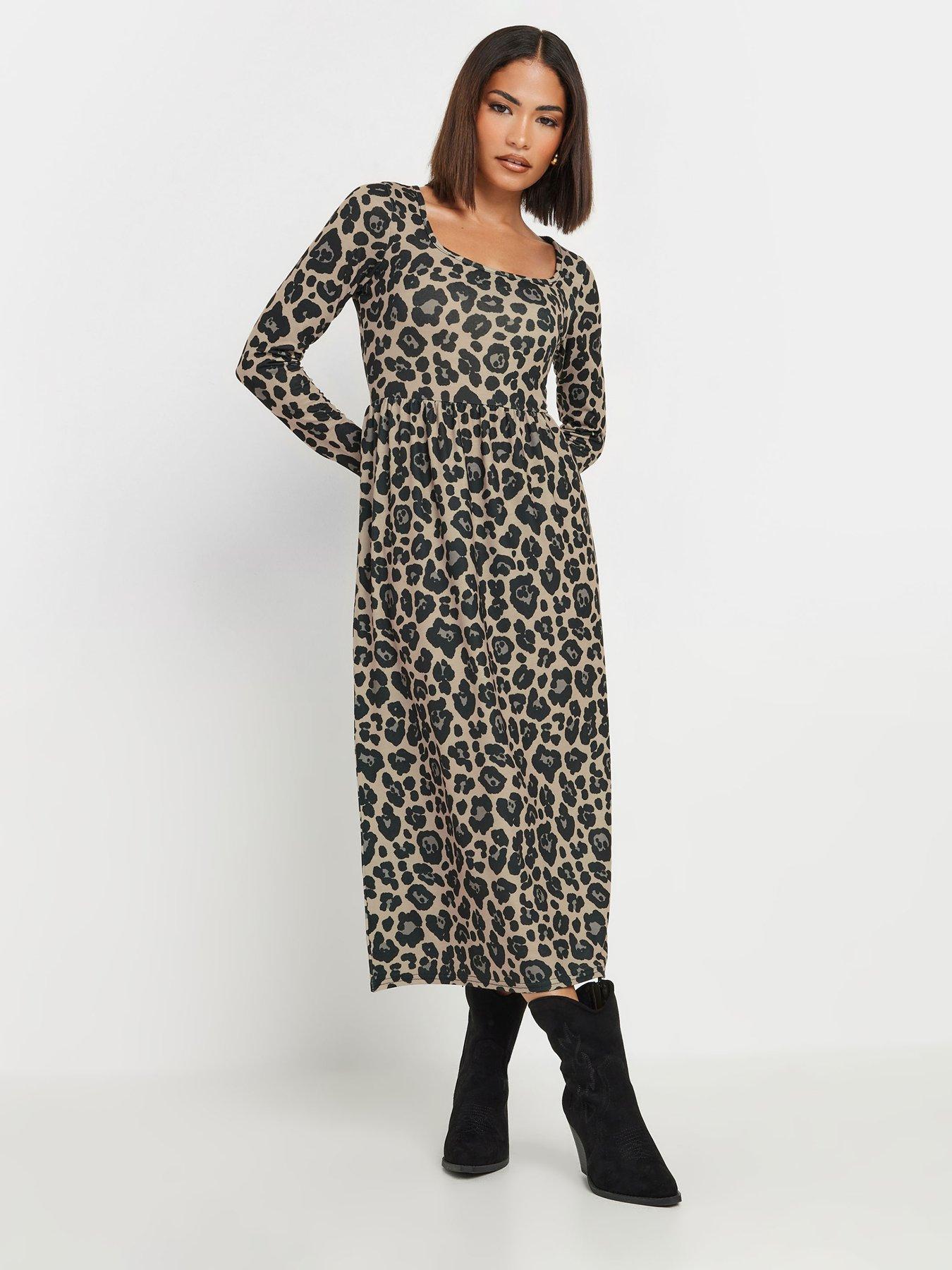 Image 3 of 4 of PixieGirl Petite Long Sleeve Animal Midi Dress - Brown