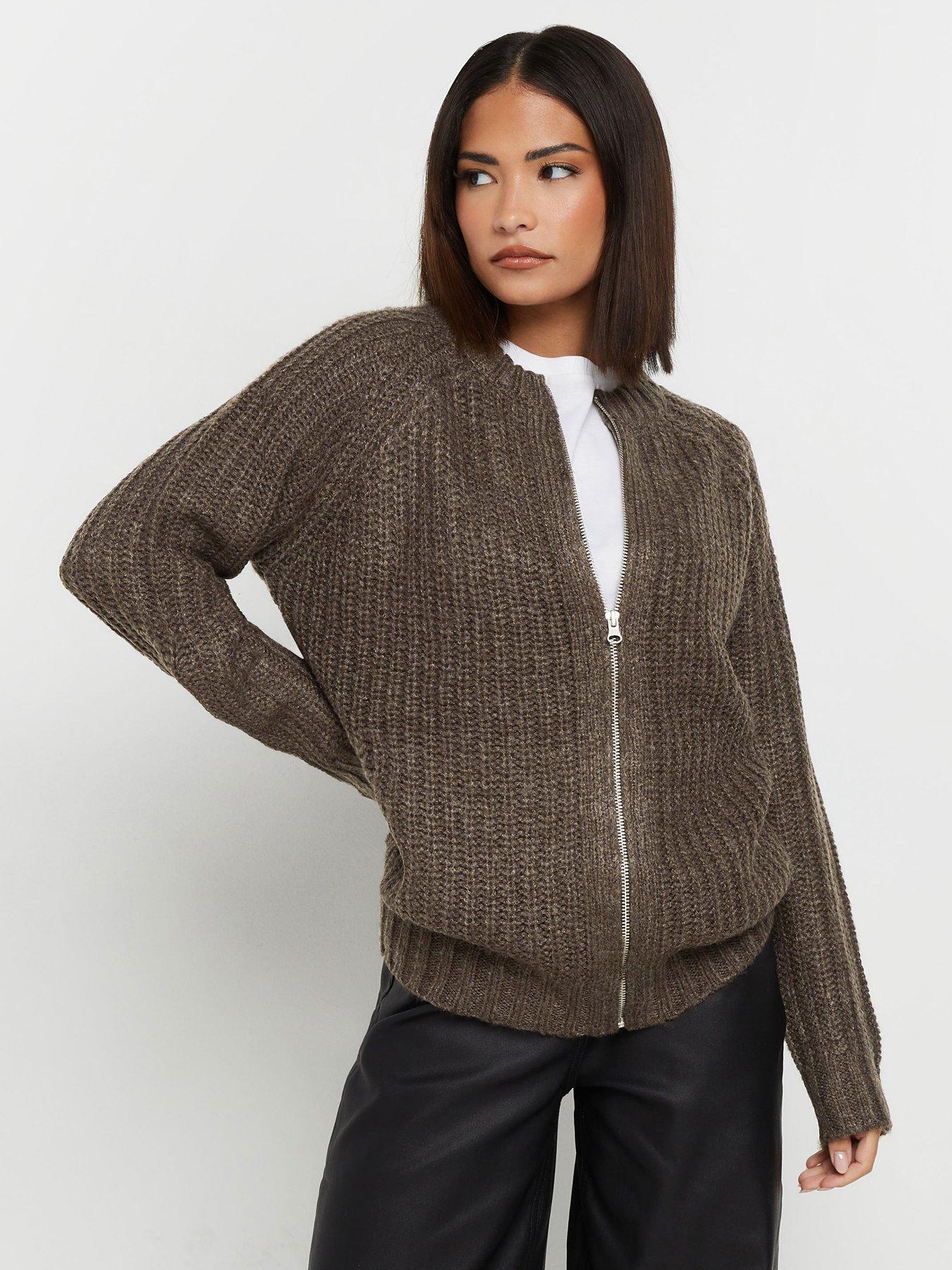 undefined Petite Knitted Bomber - Brown