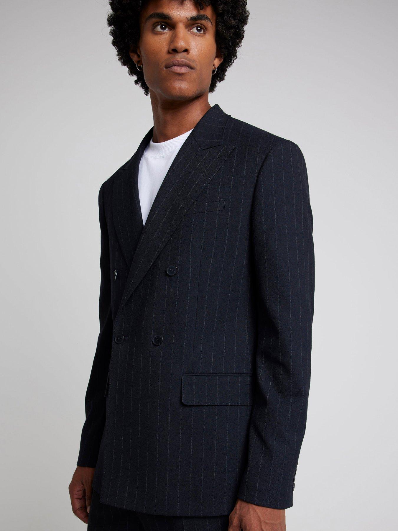 Image 1 of 5 of River Island Double Breasted Pinstripe Suit Jacket - Navy