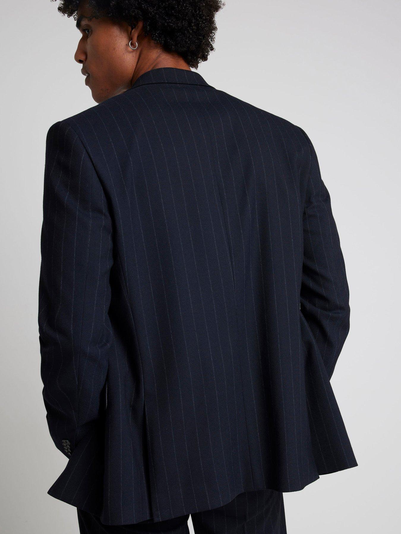 Image 2 of 5 of River Island Double Breasted Pinstripe Suit Jacket - Navy