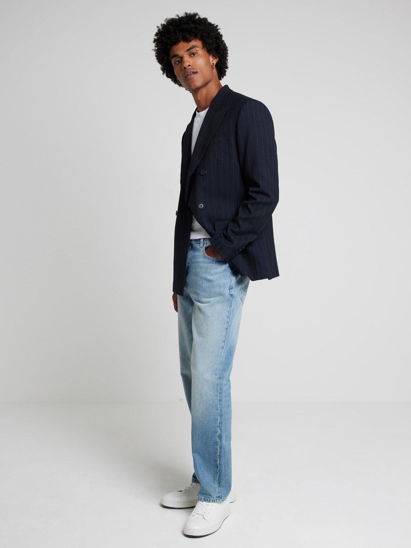 Image 3 of 5 of River Island Double Breasted Pinstripe Suit Jacket - Navy