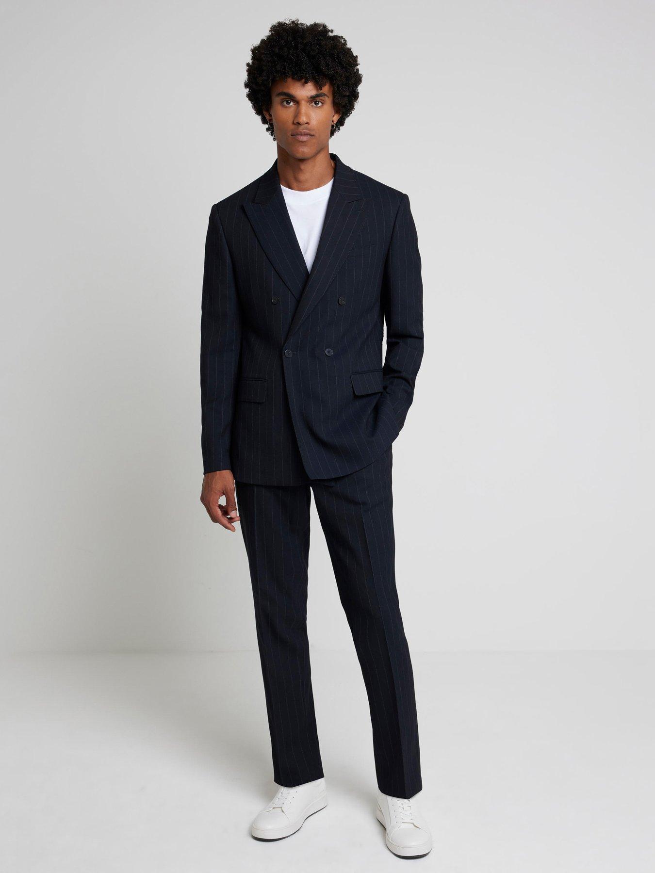 Image 4 of 5 of River Island Double Breasted Pinstripe Suit Jacket - Navy
