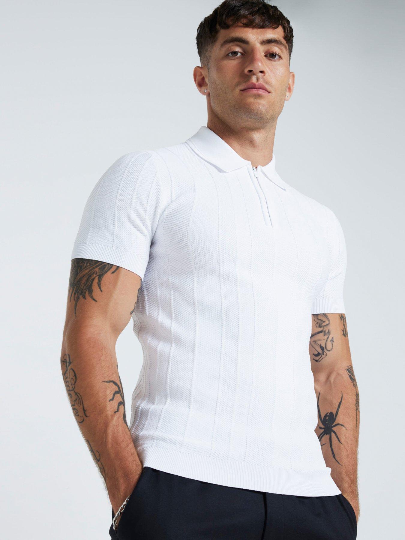 river-island-short-sleeve-knitted-herringbone-muscle-fit-polo-shirt-white