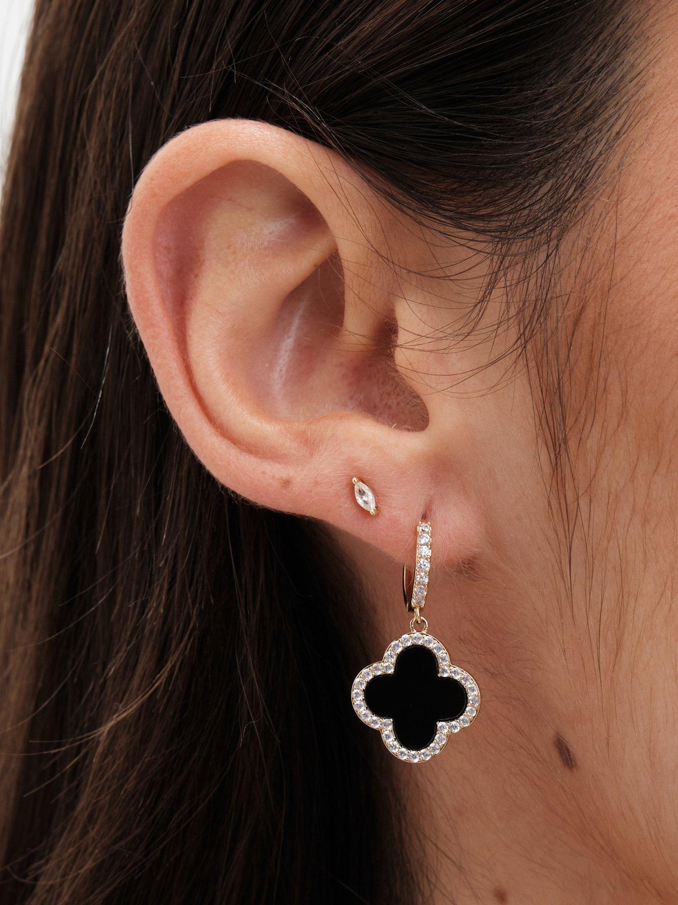 Image 2 of 3 of Jon Richard Gold Plated and Jet Clover Huggie Earrings