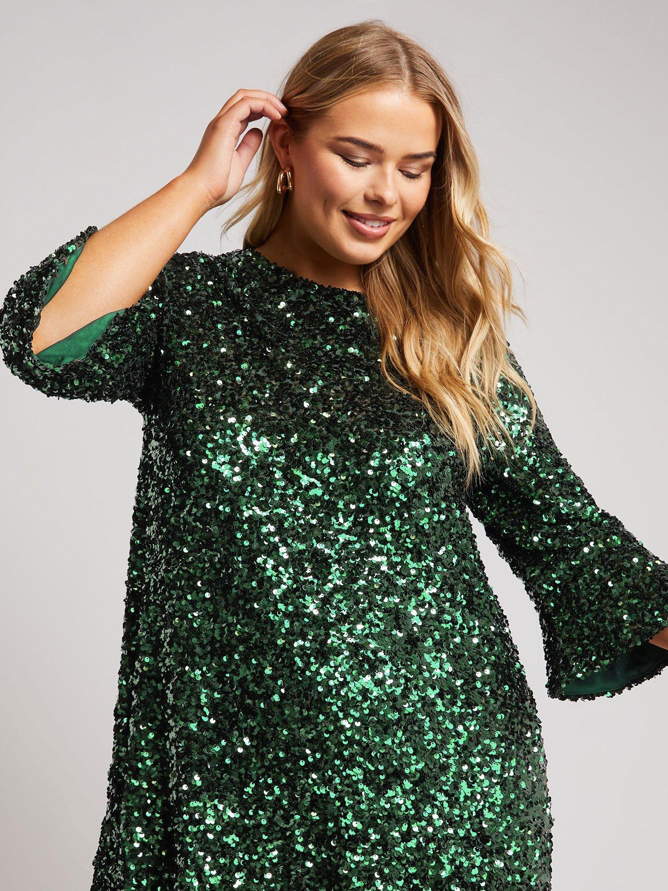Yours Curve Sequin Flute Sleeve Top - Green