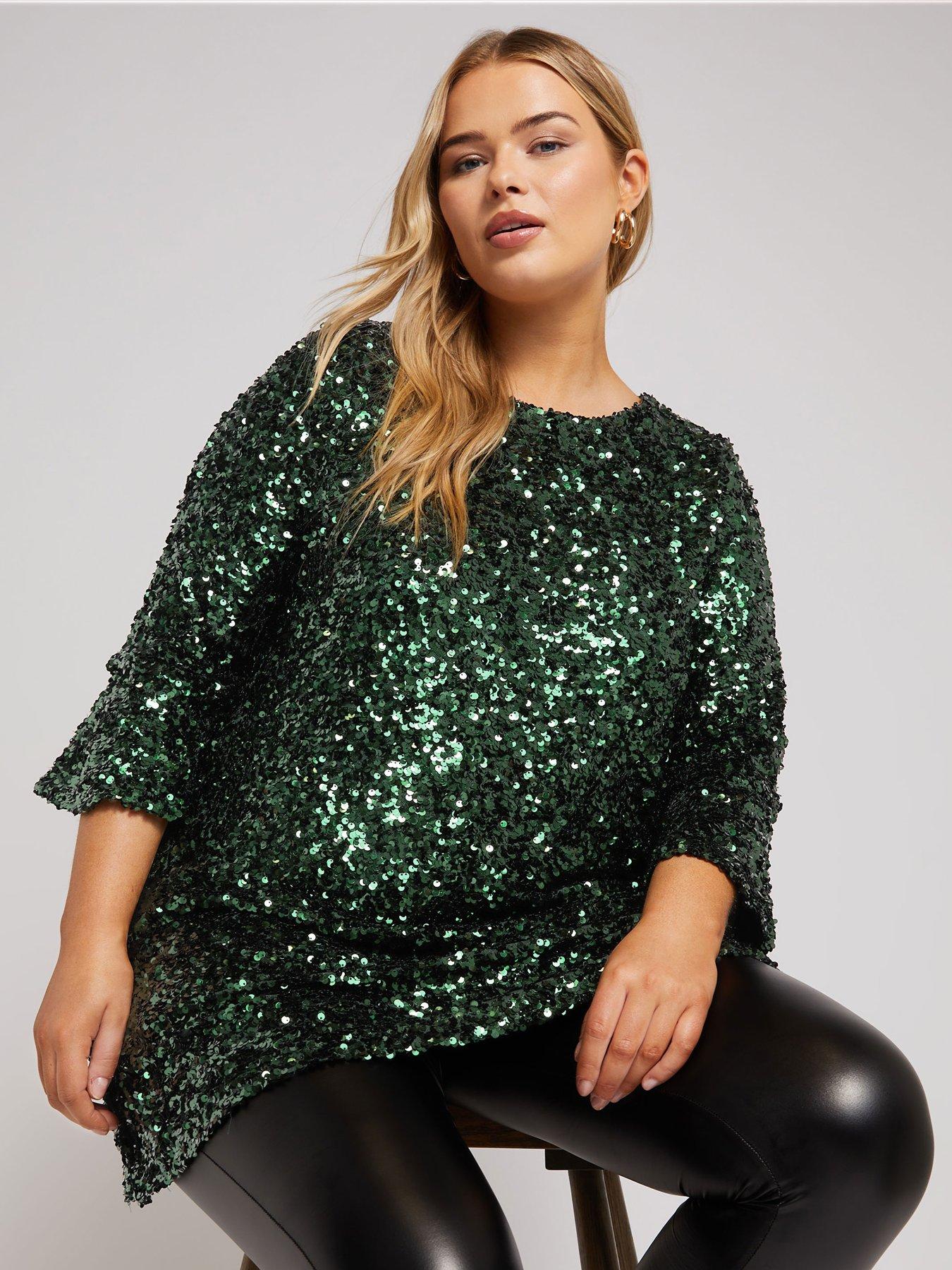 yours-curve-sequin-flute-sleeve-top-greenoutfit