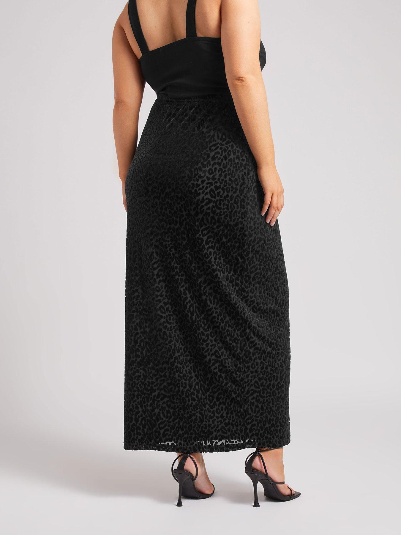 Image 2 of 4 of Yours Curve Burn Out Velour Column Skirt - Black