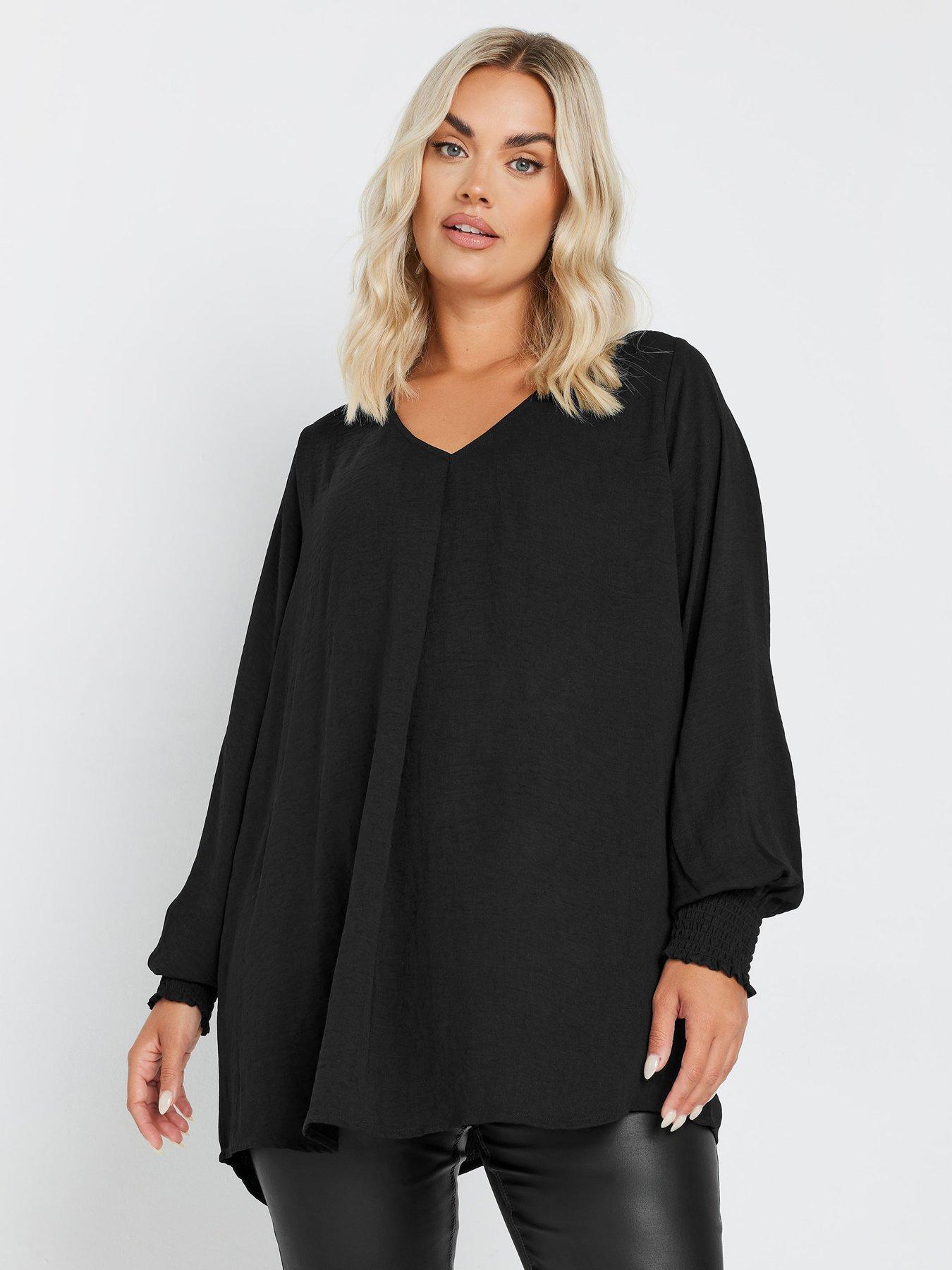 yours-curve-pleat-front-shirred-cuff-blouse-black