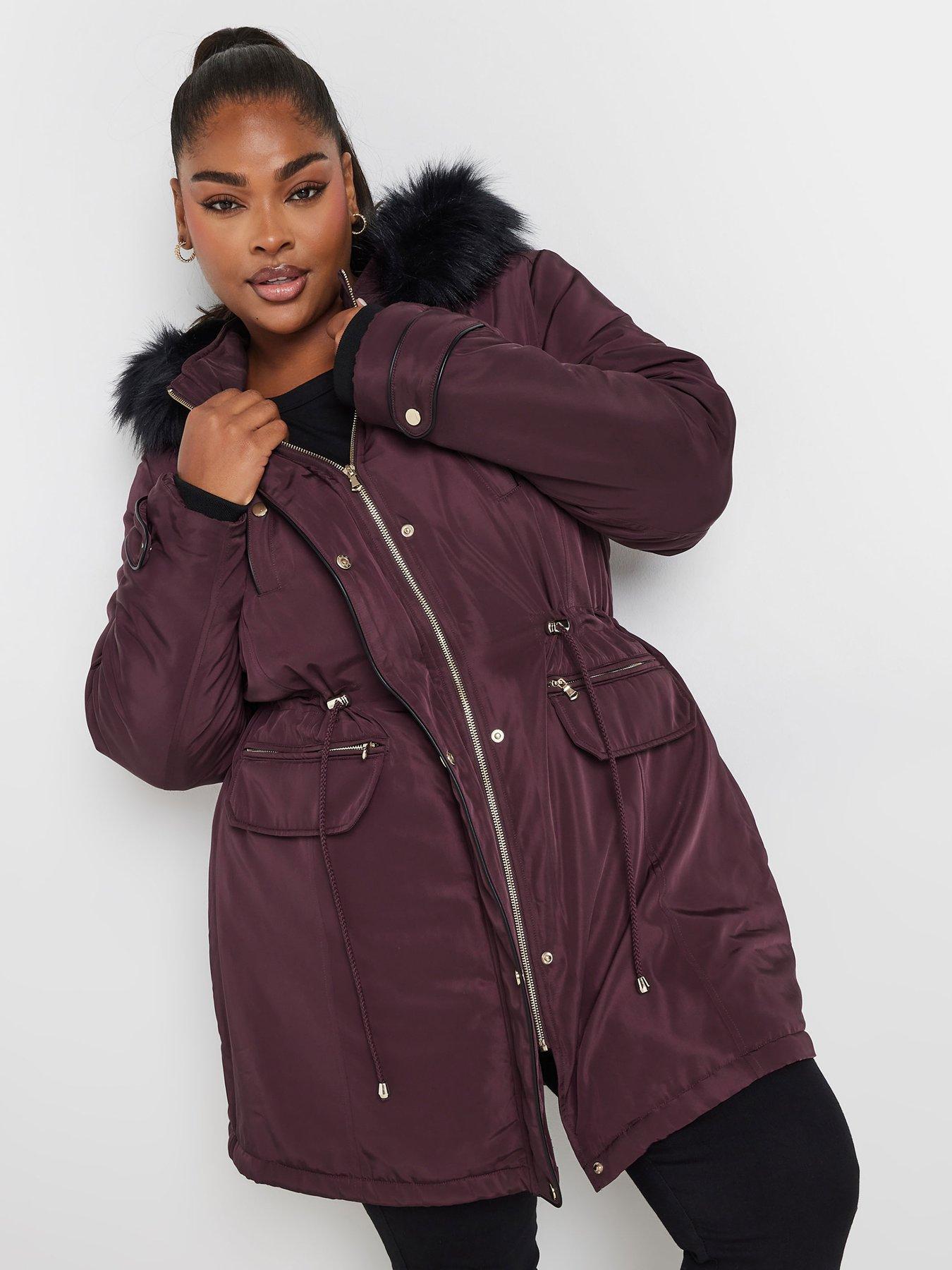 Yours Curve Plush Fur Trim Parka - Purple