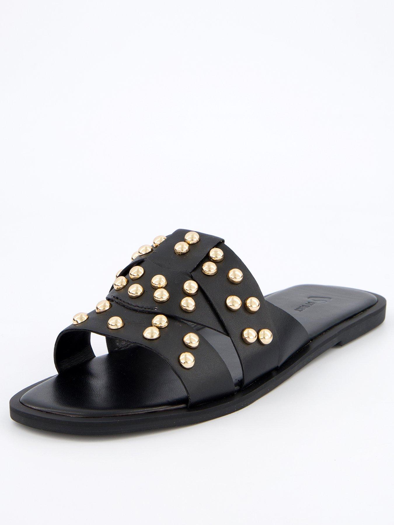 V by Very Leather Studded Slider - Black/Gold