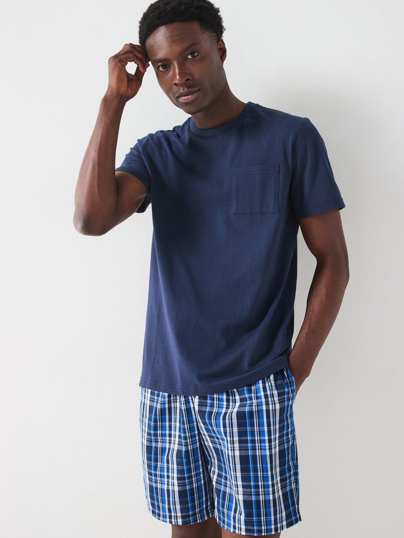 Image of Very Man Cotton blend check Pyjama Short and T-Shirt - Blue