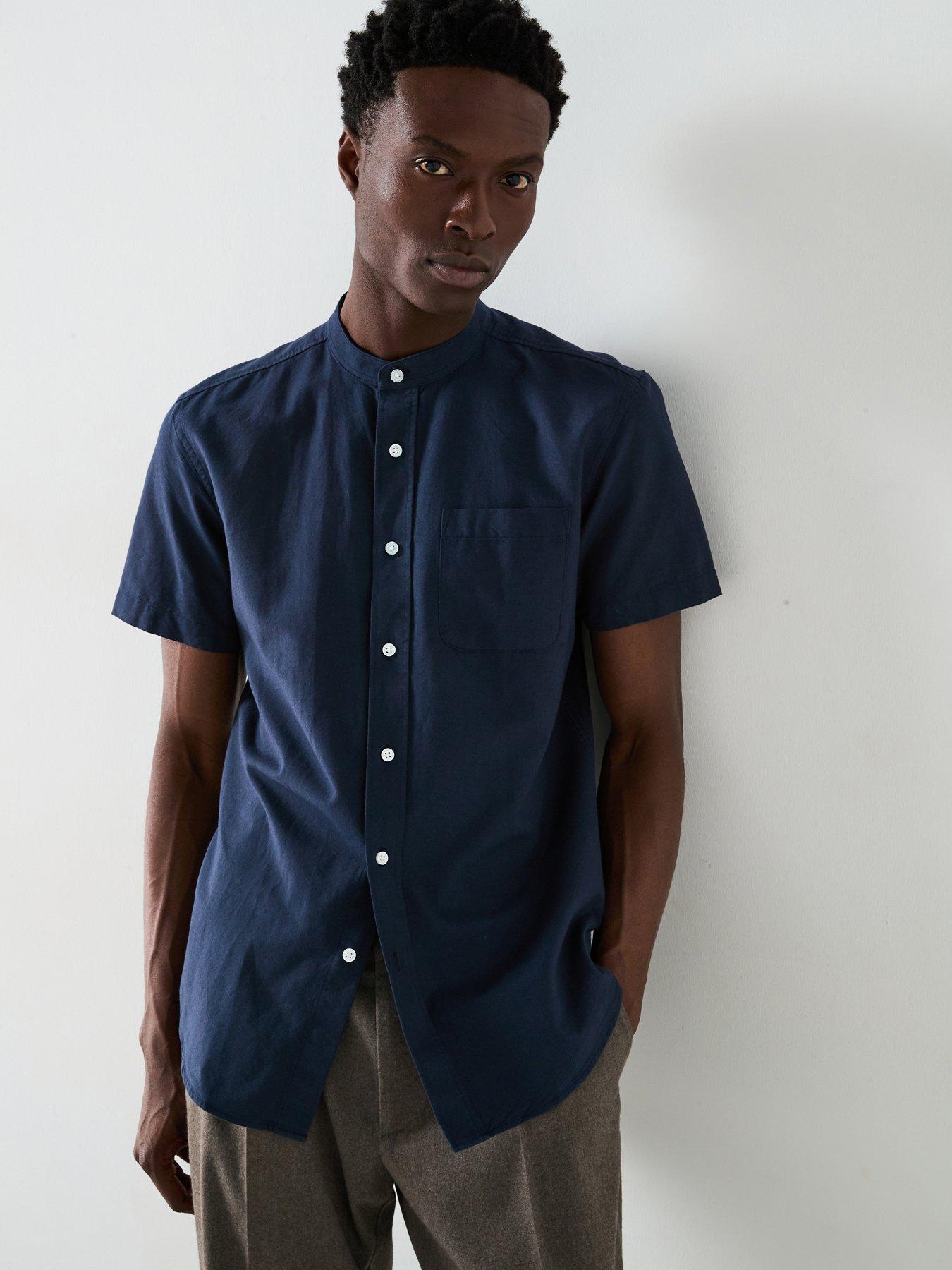 Everyday Short Sleeve Grandad Collar Oxford Shirt - Navy