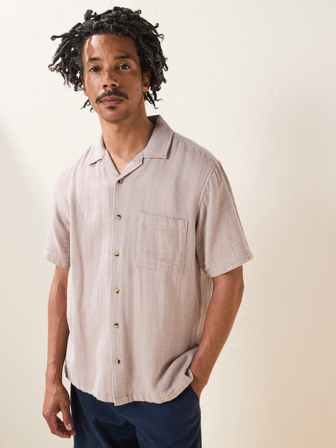 undefined Short Sleeve Revere Textured Cotton Shirt - Beige - Natural