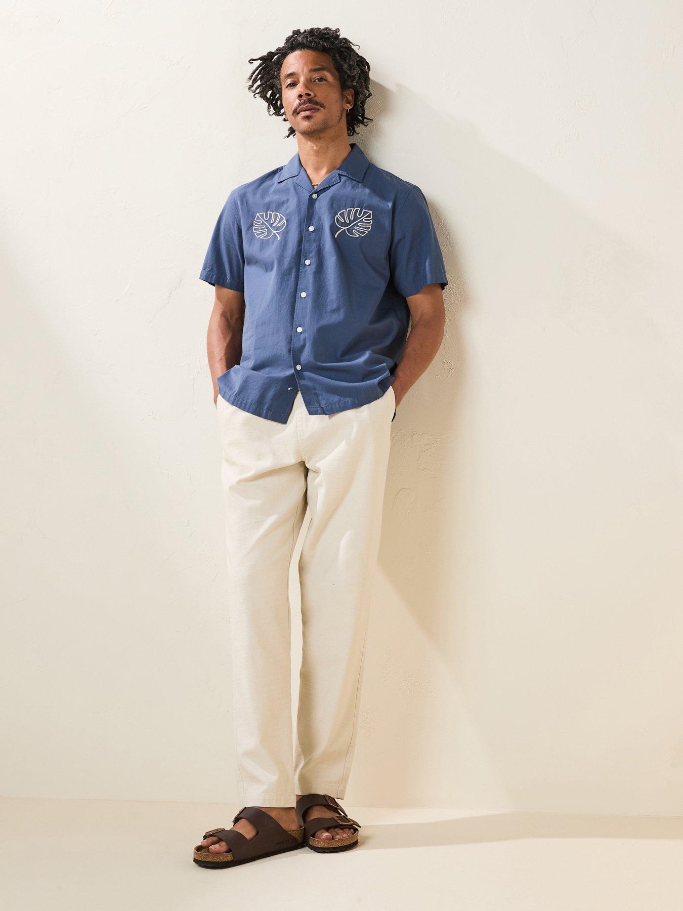 very-man-short-sleeve-revere-leaf-embroidery-shirt-blue