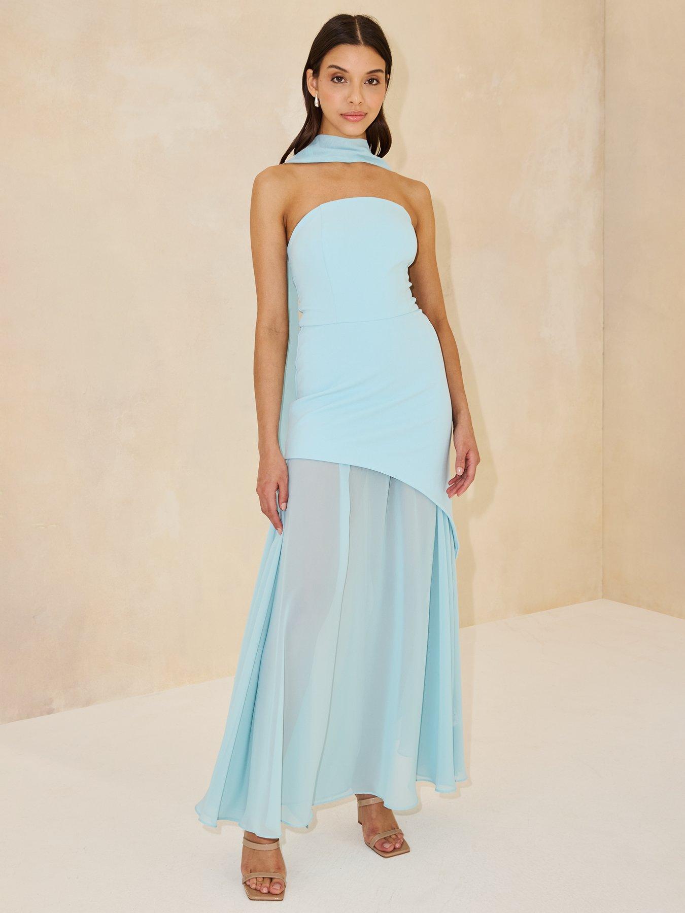 knee length dresses for ladies Roma Airy Blue One-Shoulder Scarf Silk Dress  SILKROSE