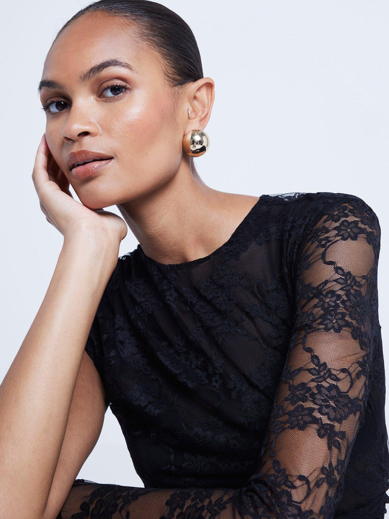 Image 4 of 6 of River Island Lace Draped Asymmetric Bodysuit - Black