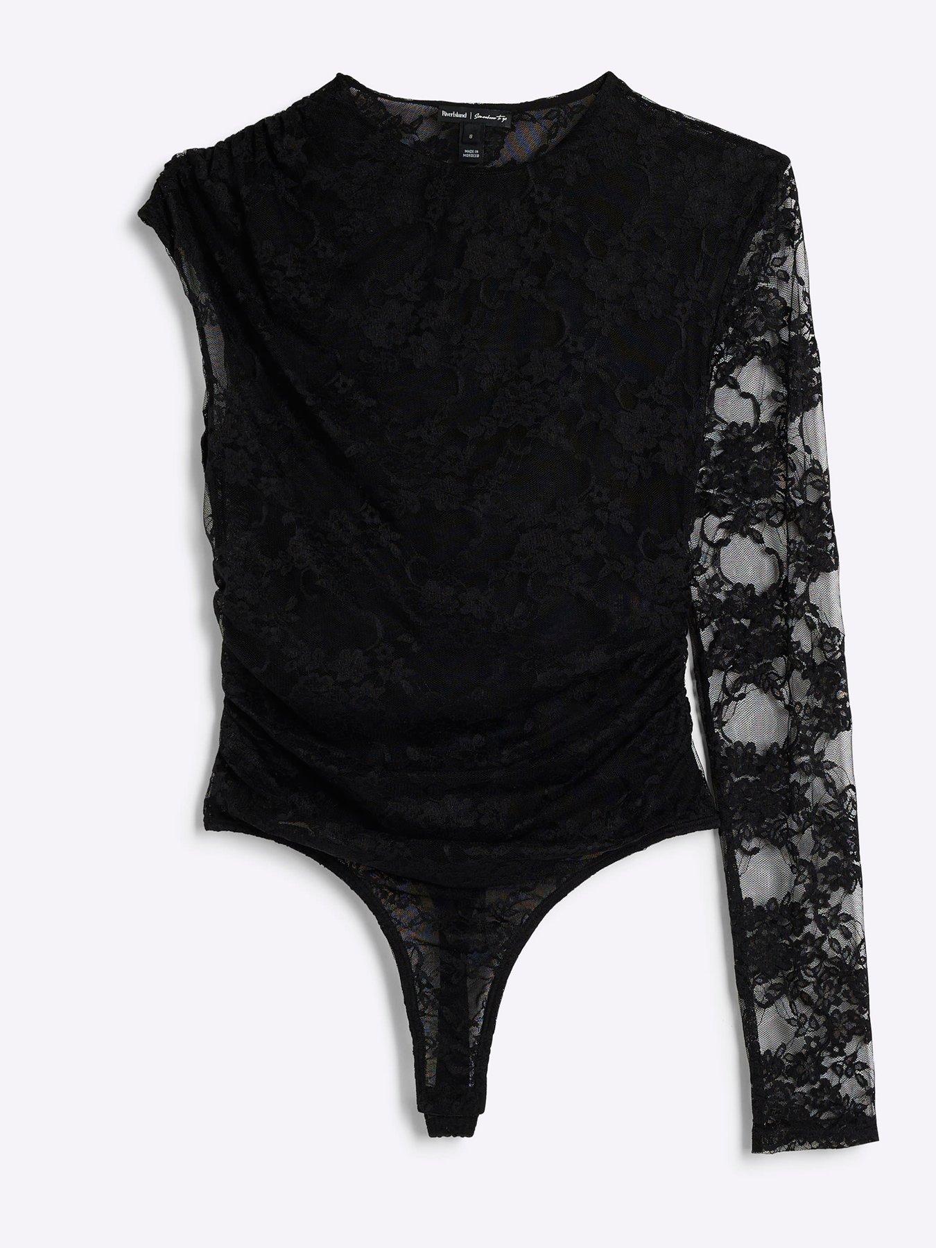 Image 5 of 6 of River Island Lace Draped Asymmetric Bodysuit - Black