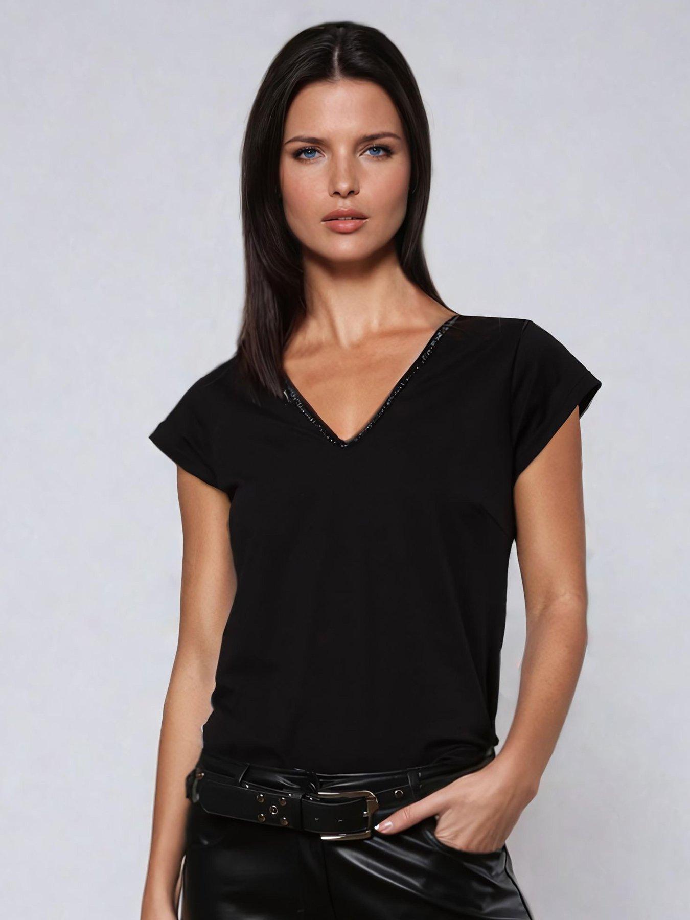 religion-v-neck-ss-top-with-tonal-beaded-neckline-black