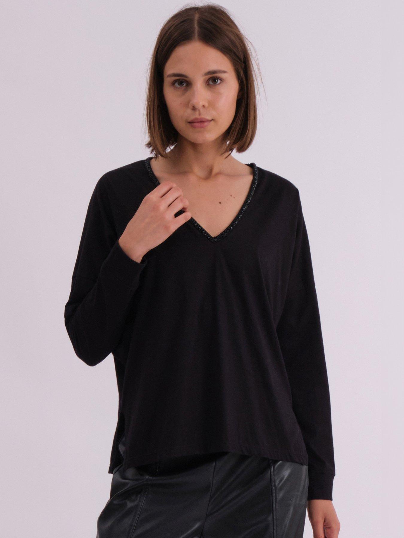 religion-long-sleeve-deep-v-neck-jersey-top-with-heavy-beaded-tonal-neck-line-blackfront