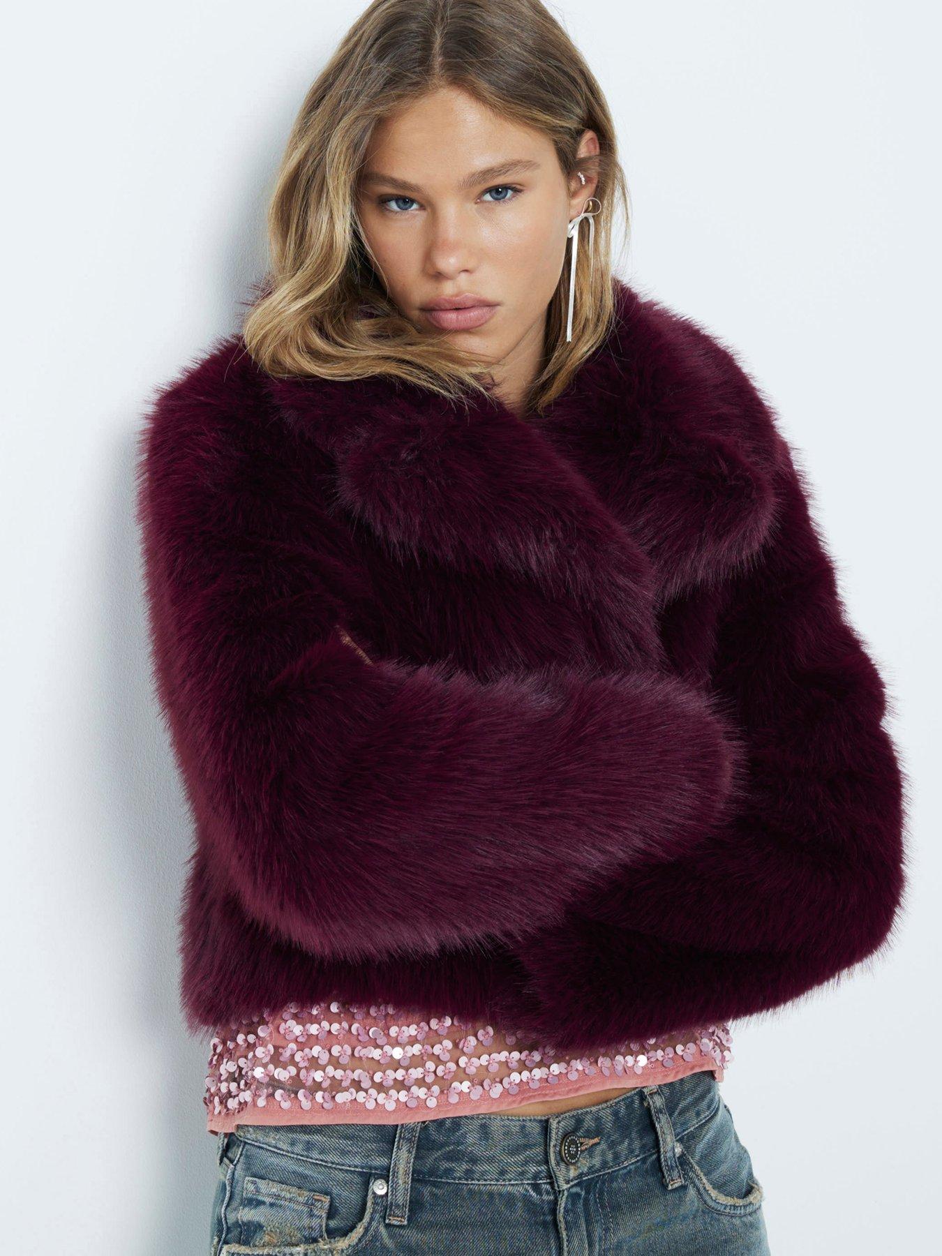 Short Plush Faux Fur Jacket Dark Red