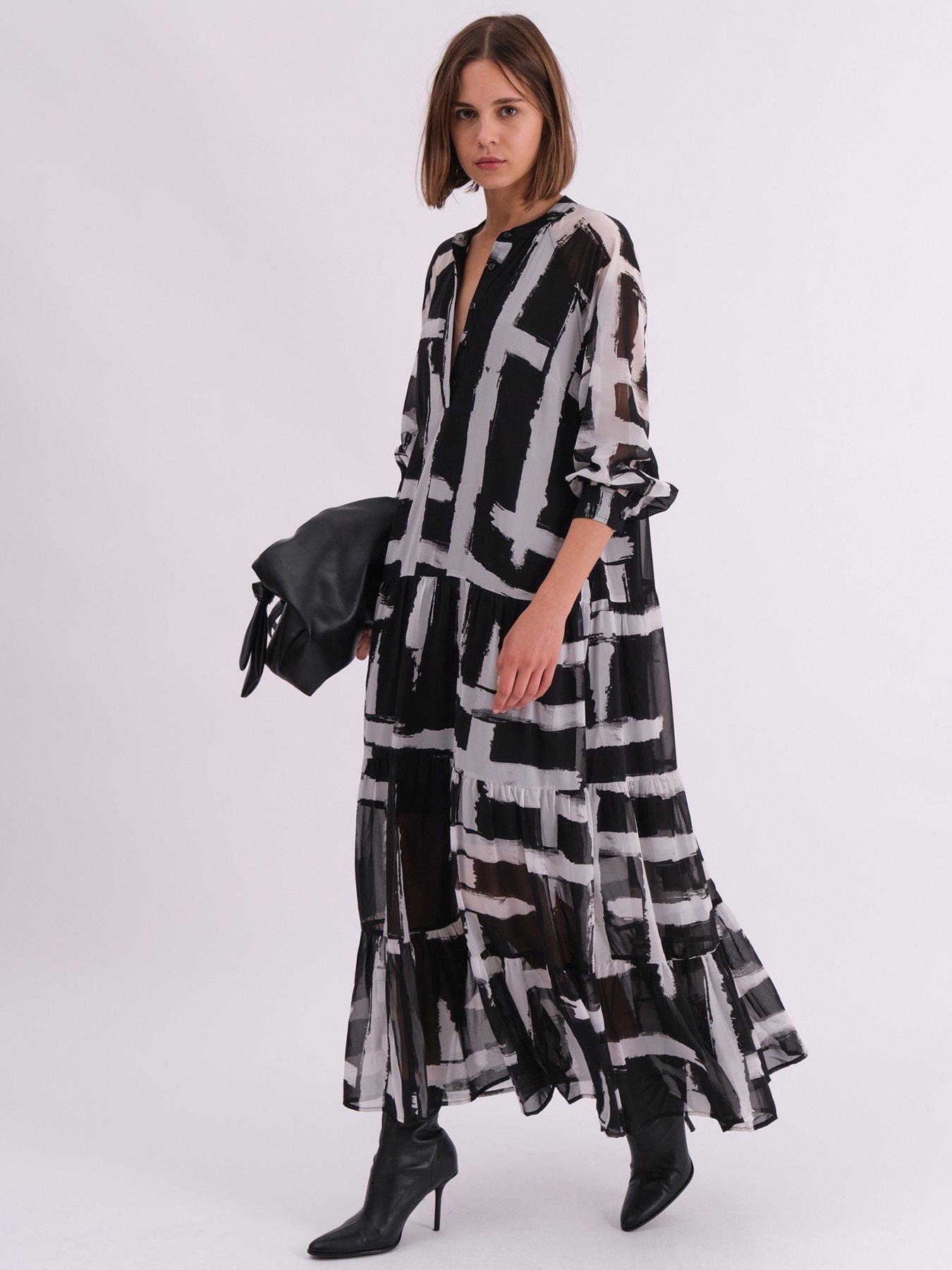 Religion Sunset Maxi Shirt Dress With A Tiered Boho Style Skirt In Abstract Prints - Black