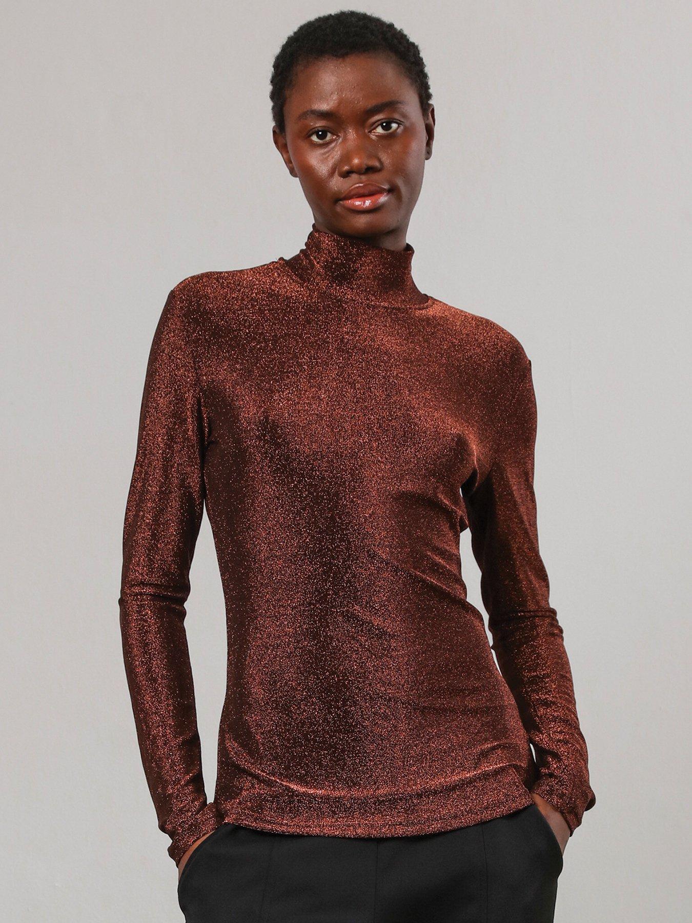 religion-force-long-sleeve-lurex-roll-neck-top-brown