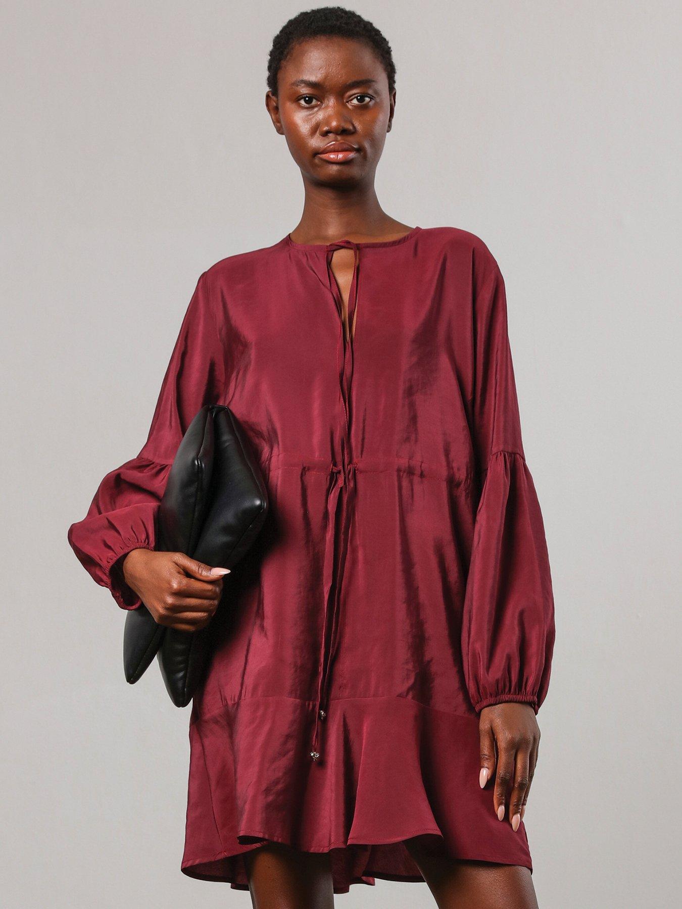 religion-twist-mini-dress-in-deep-burgundy-with-tie-waist-and-neck-tie