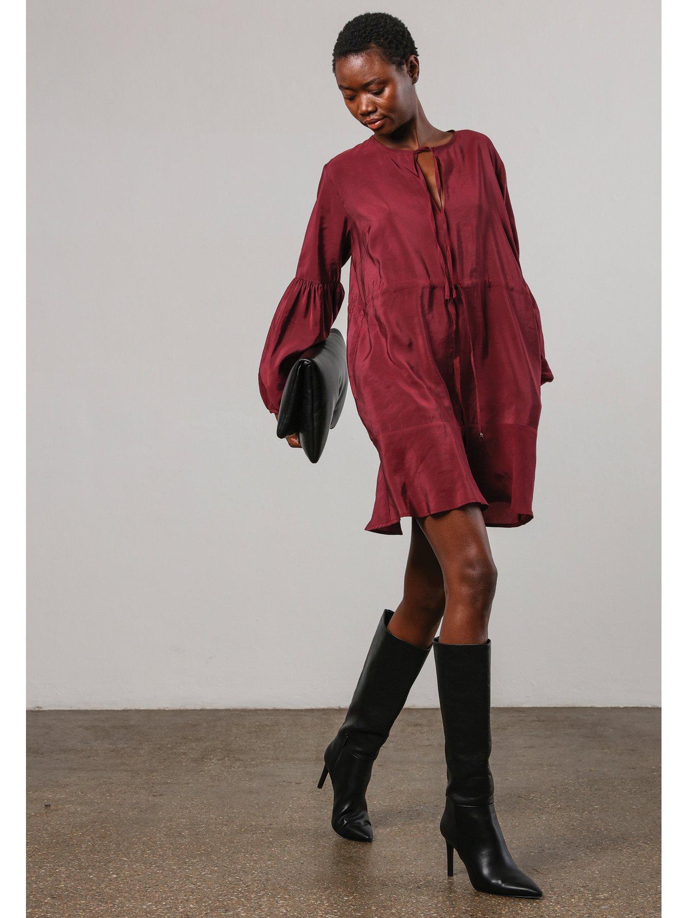 religion-twist-mini-dress-in-deep-burgundy-with-tie-waist-and-neck-tiedetail