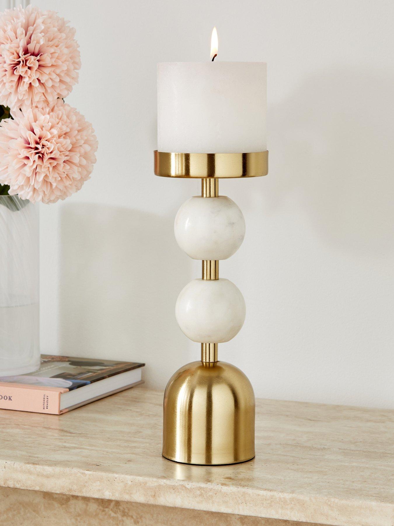 Very Home Pillar Candle Holder With Double Bobble Detail - Marble/brass