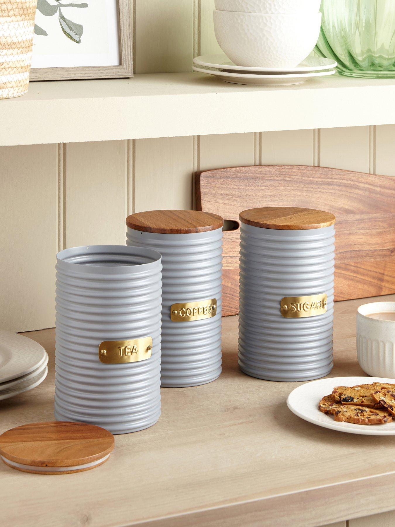 undefined Set Of 3 Ribbed Tea/Coffee/Sugar Grey Canister - Lime Stone 16-4702 TPG