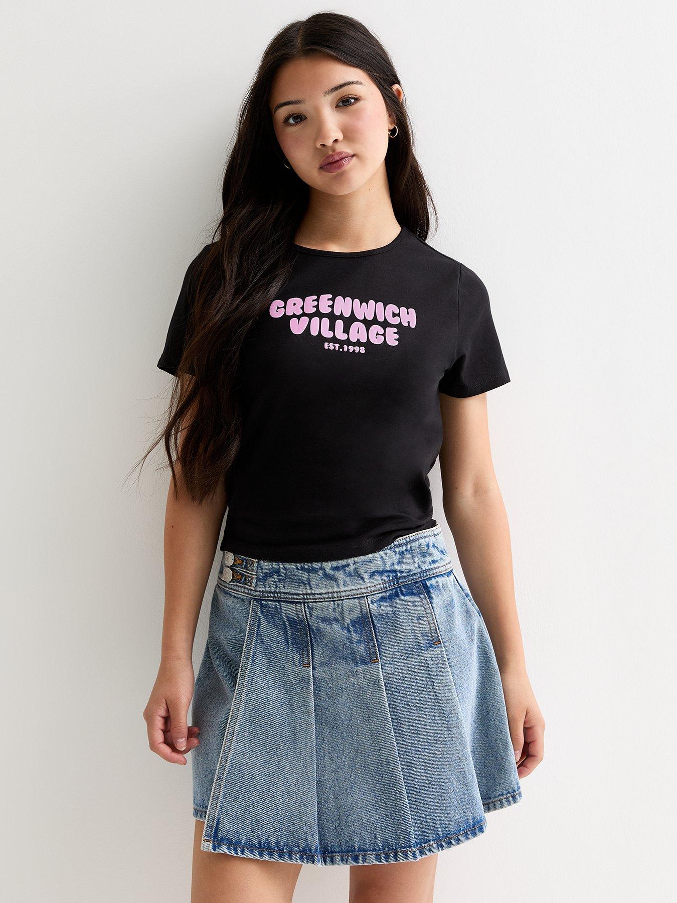 new-look-915-girls-black-cotton-greenwich-village-slogan-mini-t-shirt