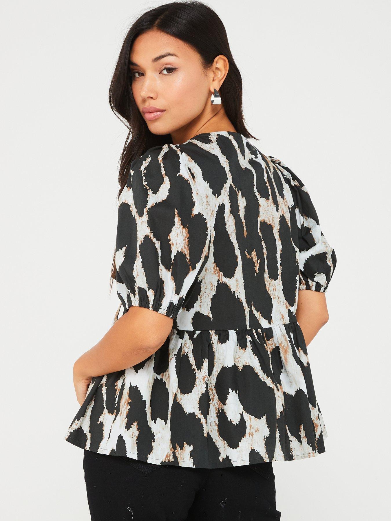 pieces-animal-print-puff-sleeve-bow-detail-blouse-blackstillFront