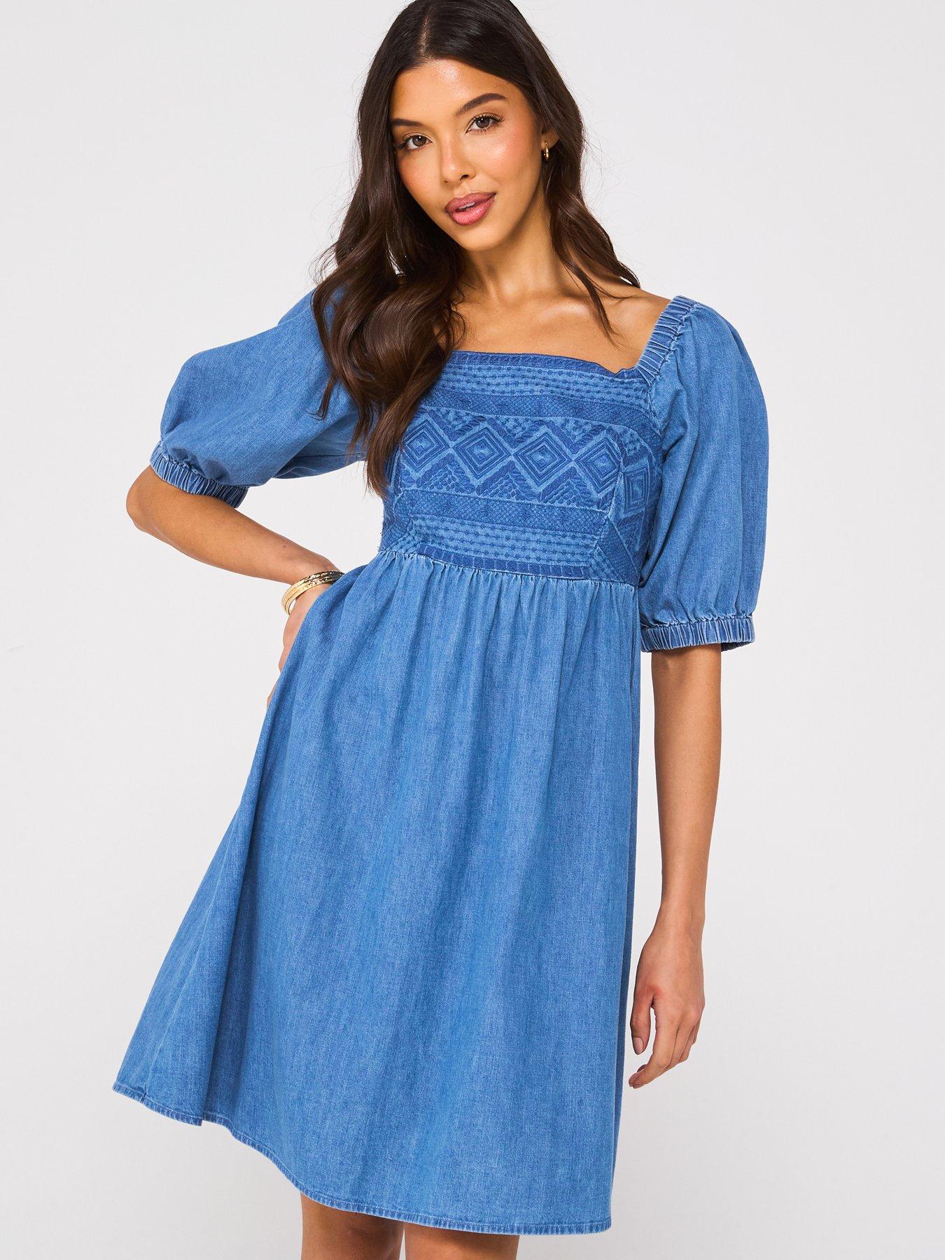 undefined Embroidered Mini Smock Dress - Mid Wash