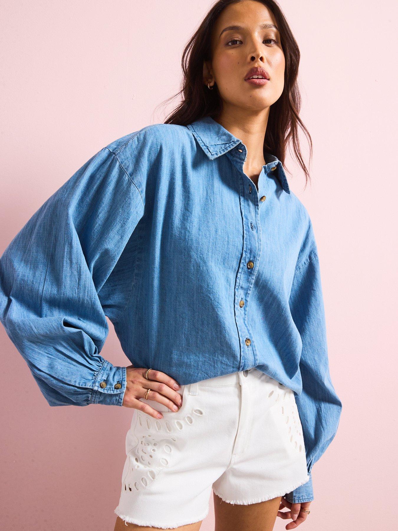 Image 1 of 6 of V by Very Volume Sleeve Soft Denim Shirt - Mid Wash
