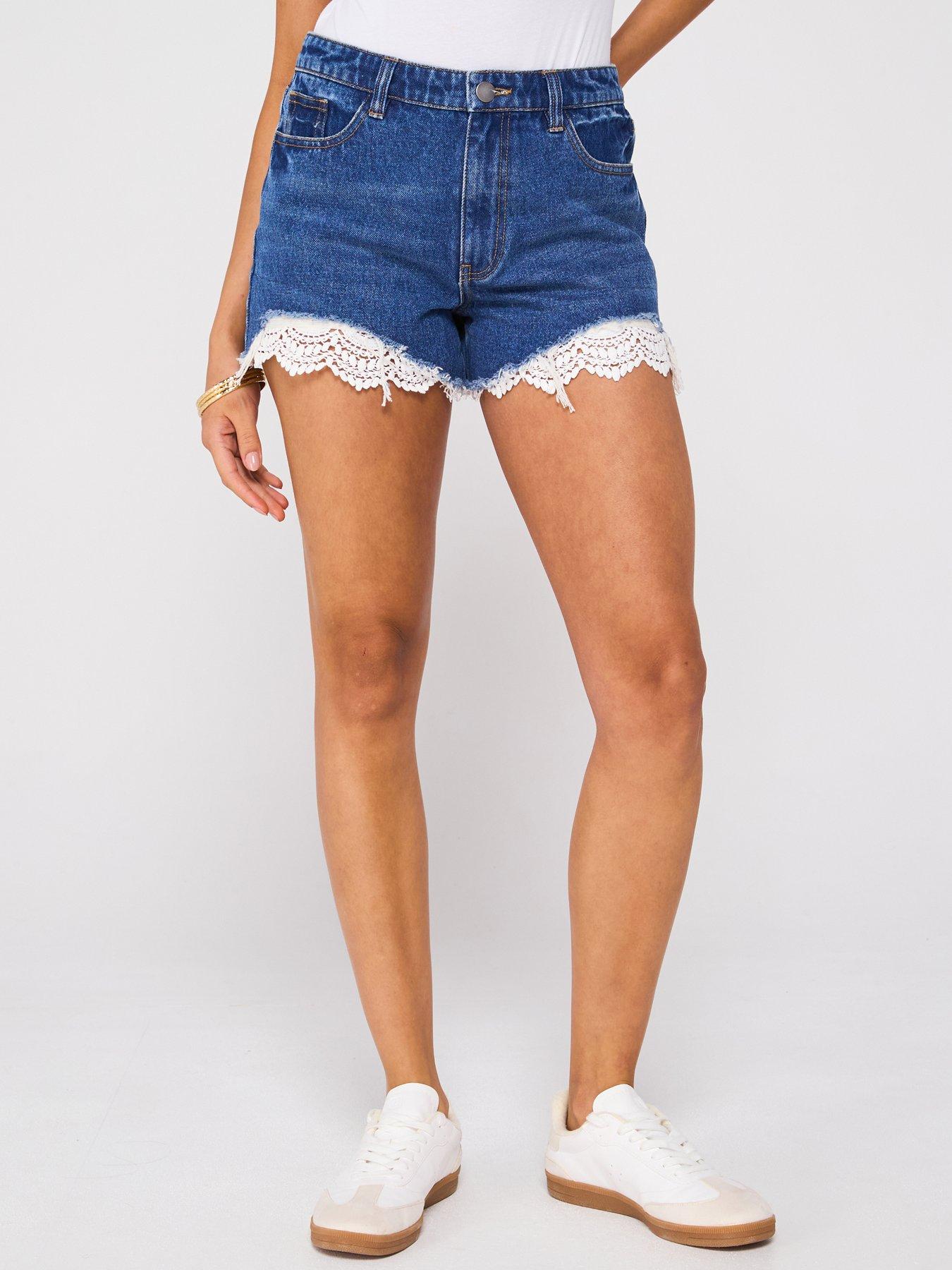 V by Very Crochet Hem Denim Shorts - Mid Wash