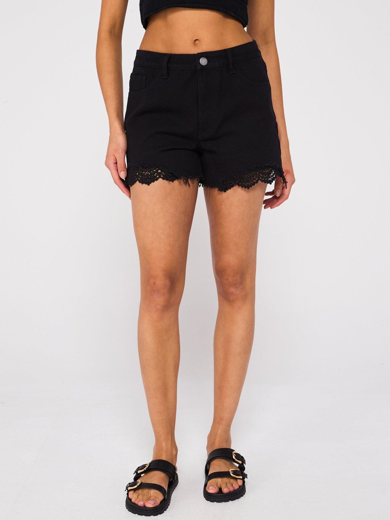 V by Very Crochet Hem Denim Shorts - Black